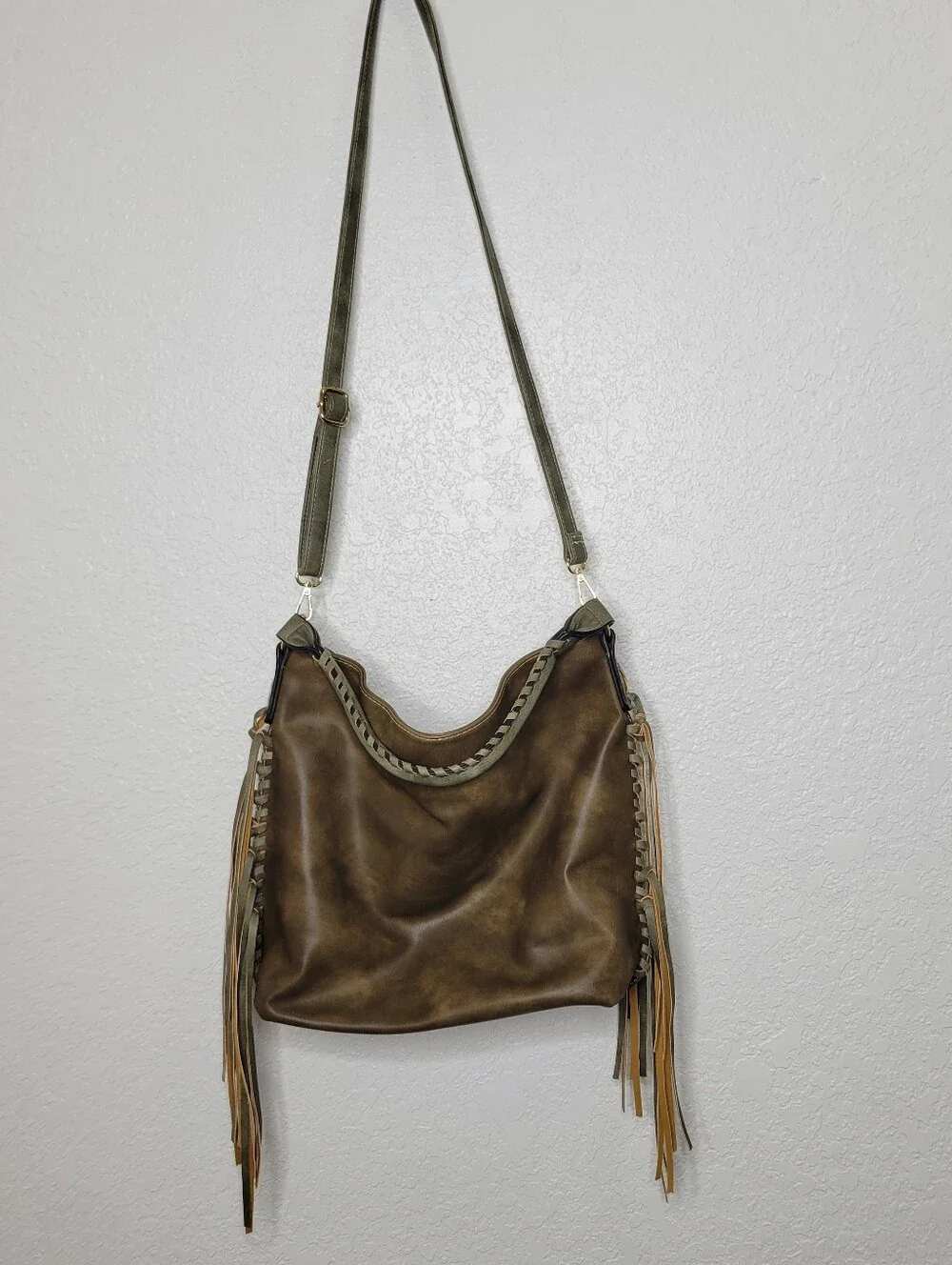 Shomico Leather Fringe Detail Shoulder Bag Crossbody Purse in Brown and Sage